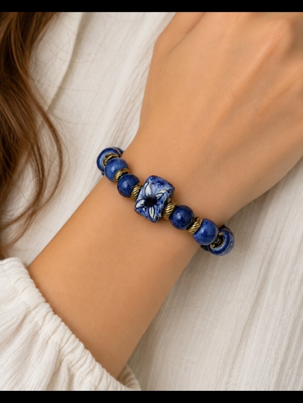 Hand Crafted Blue Ceramic And Gold Bead Heart Bracelet For Small Hands/Wrists